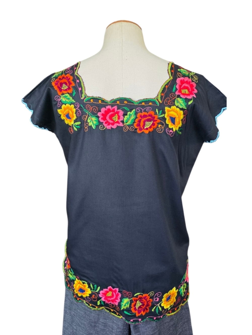 Embroidered Floral Mexican Blouse Black Top Colorful Boho Peasant Top Size M - Picture 4 of 5